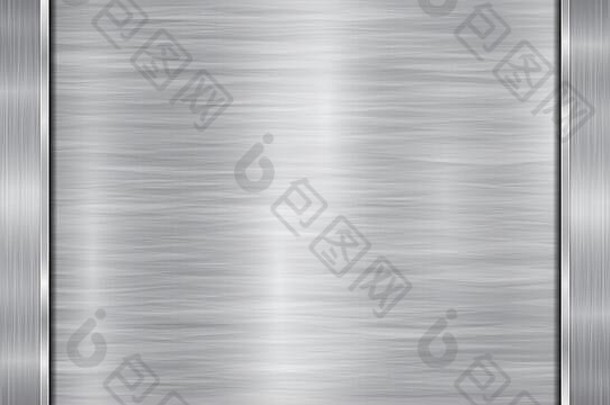 银色和灰色背景，由闪亮的金属表面和左右两侧的两块垂直抛光板组成，带有金属纹理