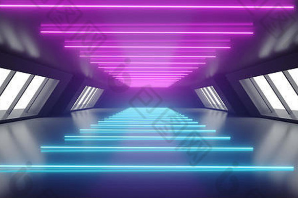 现代未来主义科幻外星飞船反射式黑暗空旷的长走廊<strong>隧道</strong>，带有白色大窗户和紫<strong>蓝色</strong>抽象形状的霓虹灯