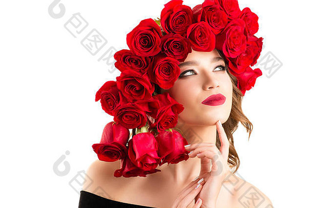 美丽的女孩，华丽的红玫瑰发型