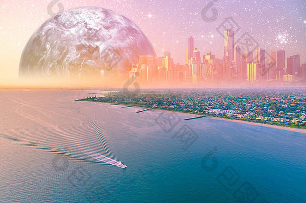 幻想空中景观船航行海洋海岸线现代城市天际线巨大的外星人地球地平线日落元素
