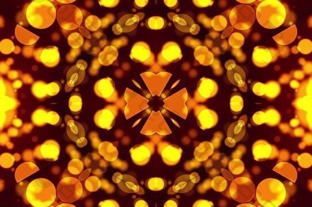 计算机从金粒子生成抽象背景。万花筒转换成种子向日葵，3D渲染