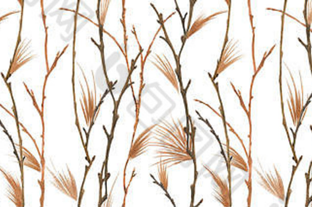 植物水彩。森林分支。用于圣诞纺织品和网页设计的木材无缝图案
