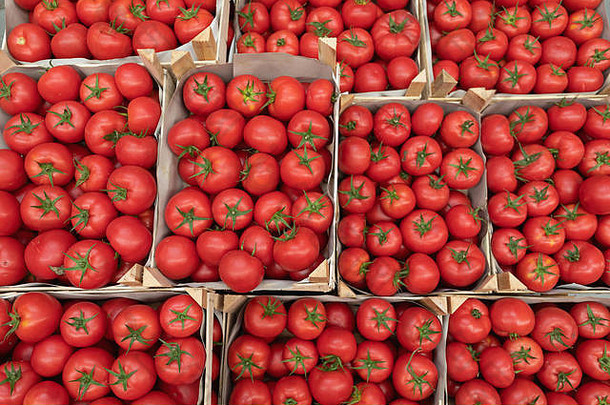 板条箱中新鲜成熟的红色西红柿俯视图