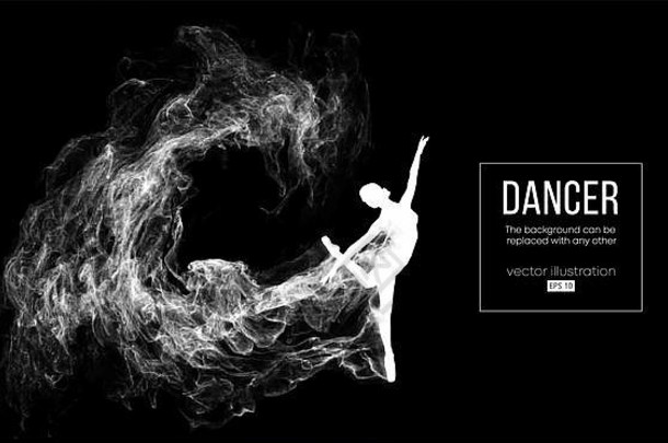 在黑色背景下，一个登革热的女孩、女人、芭蕾舞演员的抽象剪影。芭蕾舞和现代舞。