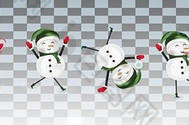 收集有趣的快乐雪人。可爱的圣诞雪人被隔离在透明的背景上。圣诞人物。带礼物的雪人