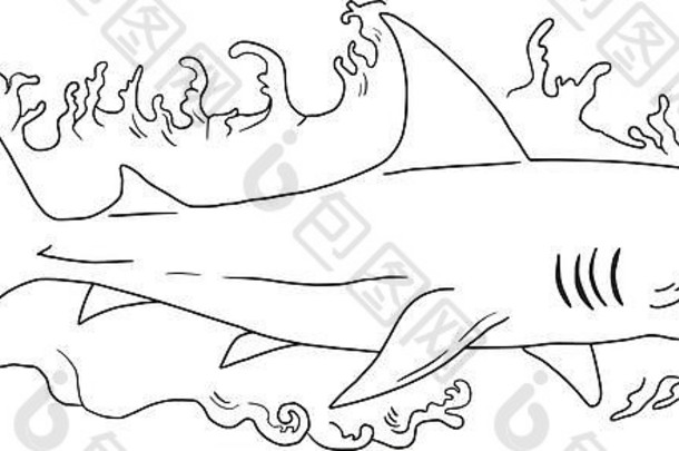 在孤立的白色背景上，从侧面观看鲨鱼在水中游泳的草图样式插图。