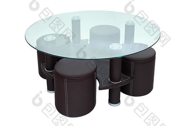奢侈品咖啡表格凳子轮玻璃黑暗棕色（的）皮革咖啡表格凳子孤立的白色背景剪裁路径包括