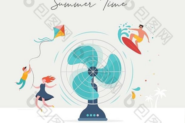 夏天场景集团人有趣的巨大的风扇冲浪游泳池喝冷饮料玩海滩