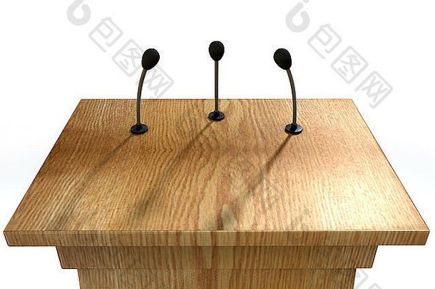 木质讲台，三个小麦克风连接在一个孤立的白色演播室背景上