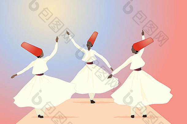三个旋转的托钵僧穿着白色衣服，戴着红色帽子，背景色彩鲜艳