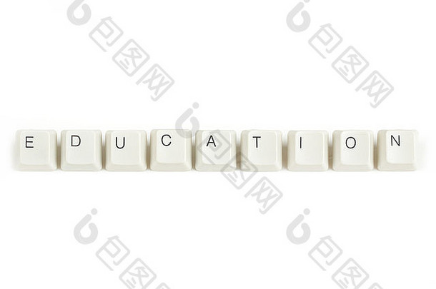 从白色背景上分离的分散键盘键中提取的教育文本