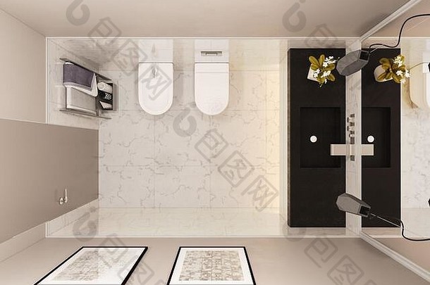 3D渲染，私人别墅卫生间内部。卫生间室内设计插图