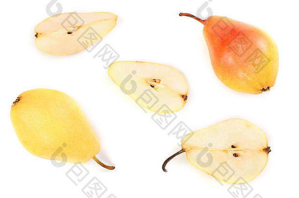 白色背景上分离的成熟红黄色梨果实。顶视图。平铺模式