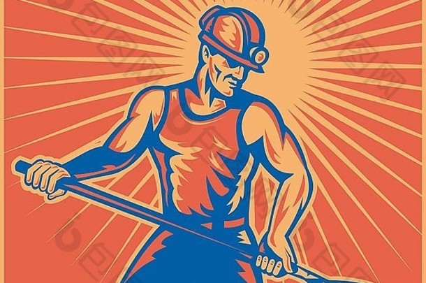 一名<strong>煤矿工人</strong>在工作时用铁锹的插图，前视图采用复古木刻风格，背景为阳光