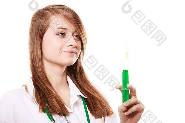 医学的女医生，穿着实验服，带注射器