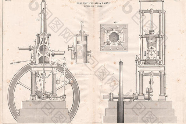 维多利亚时代工程画高压力蒸汽引擎英寸油缸