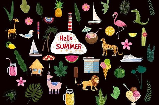 一套可爱时尚的hello summer图标食品、饮料、仙人掌、鲜花、棕榈叶