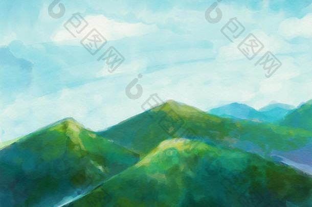 自然景观与绿色的山脉和天空背景插图。山水画