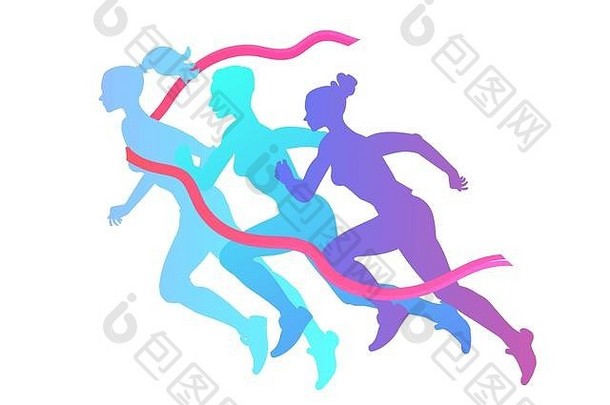三名女子冲向胜利，克服困难。马拉松，跑到终点。健康的生活方式，参与马拉松赛跑