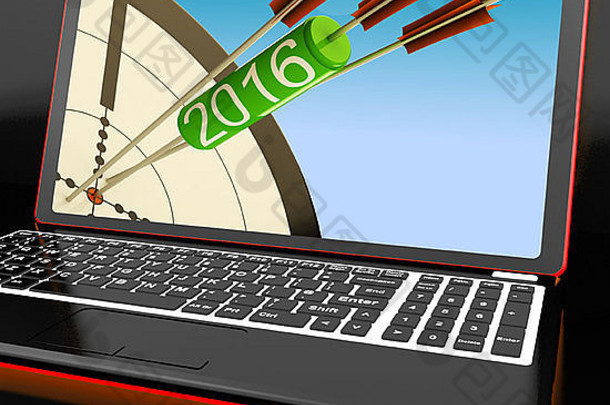 笔记本电脑上的2016箭头显示了未来的期望和解决方案