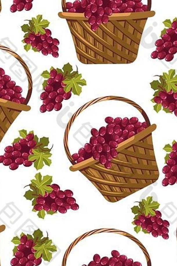 葡萄串在编织篮中，水果无缝图案