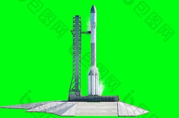 在出发前发射火箭。空间发射系统。隔离绿色屏幕。三维渲染。
