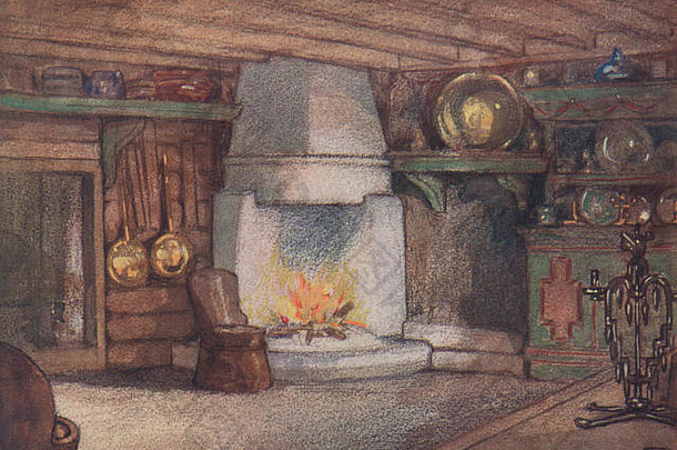 电话营销。”尼科·荣格曼的《小屋内部》。挪威，古董印刷品1905