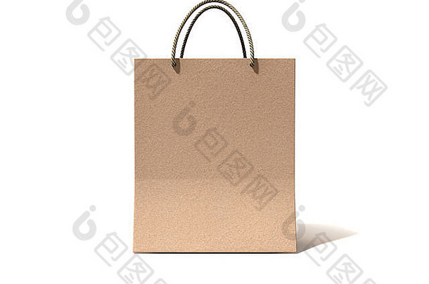 一个普通的纸制购物袋的前视图，在一个孤立的背景上有绳子把手