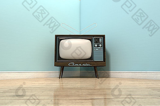 一个空房间的角落里放着一台老式电视机，浅蓝色的墙壁和反光的木地板