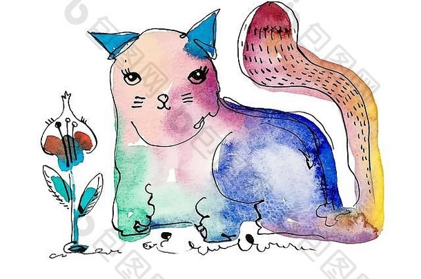 水彩手画猫