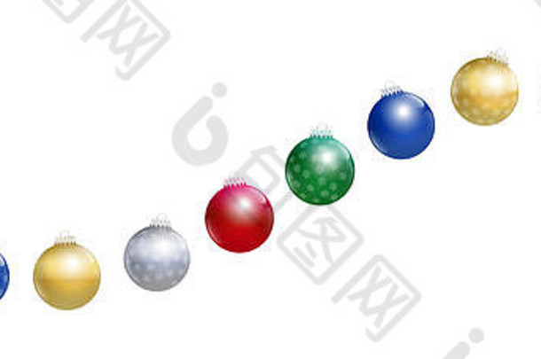 圣诞舞会。金色、银色、红色、绿色和蓝色有光泽的圣诞树球，雪花装饰形成波浪形。