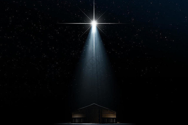 在伯利恒，一个孤立的马厩被聚光灯照亮，一个抽象描绘基督诞生场景的3D渲染