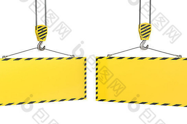 两个带有空白黄色板的起重机吊钩，在白色背景上隔离