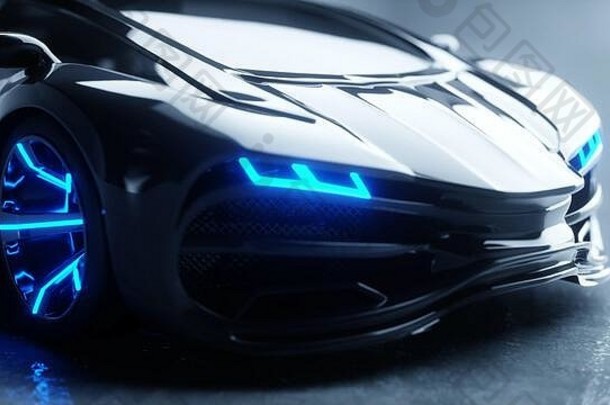 带蓝光的黑色未来派电动车。未来的概念。三维渲染。