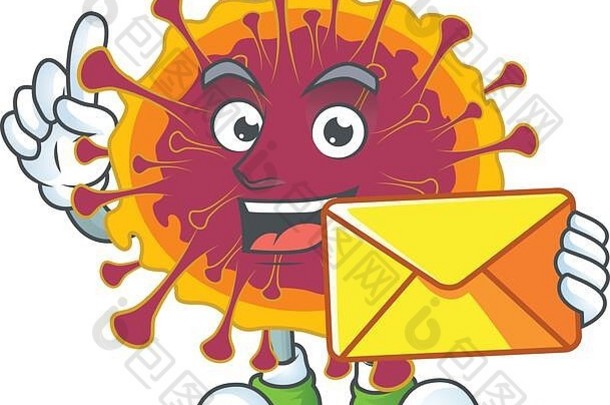手持信封的可爱人脸传播冠状病毒吉祥物设计