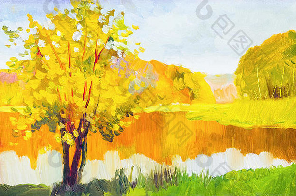 油画彩色秋树。森林、黄杨树、红叶和湖泊的半抽象图像。秋天，秋天的季节自然背景。