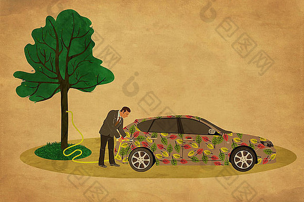 说明图像商人加油车代表绿色概念