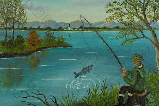 油画-戴着帽子的男人坐在湖边钓鱼和捕鱼