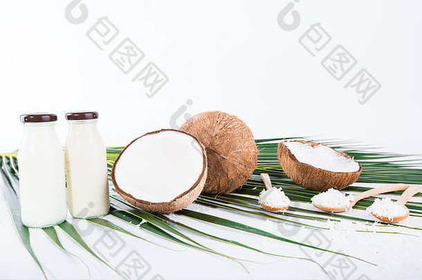 椰子牛奶瓶新鲜的椰子绿色叶子白色背景复制空间