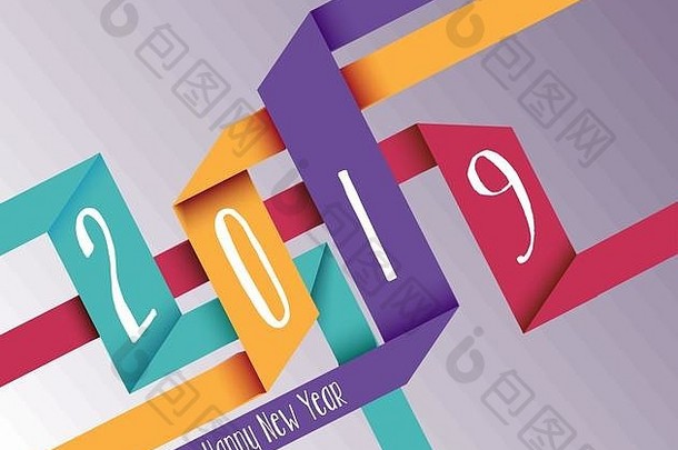 2019年新年快乐庆典彩色几何折纸简单节日贺卡背景。