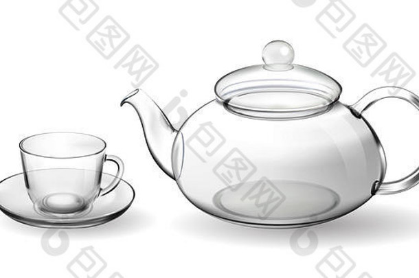 将空的玻璃茶杯与茶壶隔在白色上