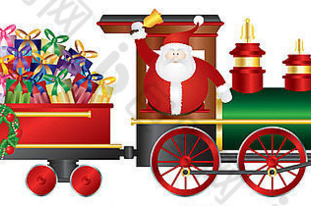 在白色背景插图上，圣诞老人在火车上敲钟，传递包裹好的礼物