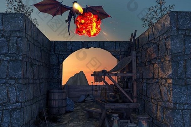 龙中世纪的前哨飞行龙吐出火被遗弃的村中间年龄幻想世界传说神话渲染