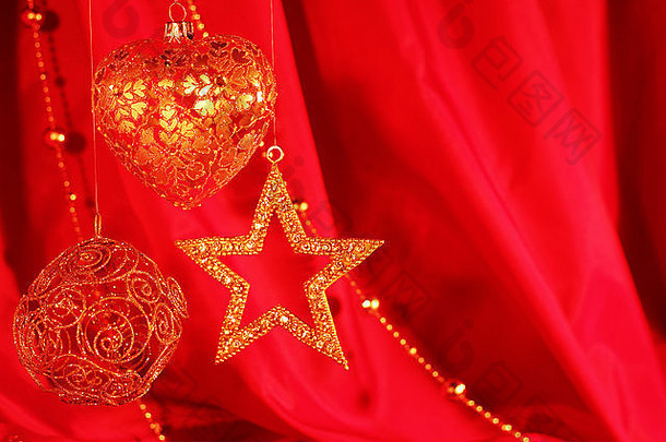 金<strong>圣诞</strong>节装饰红色的织物背景