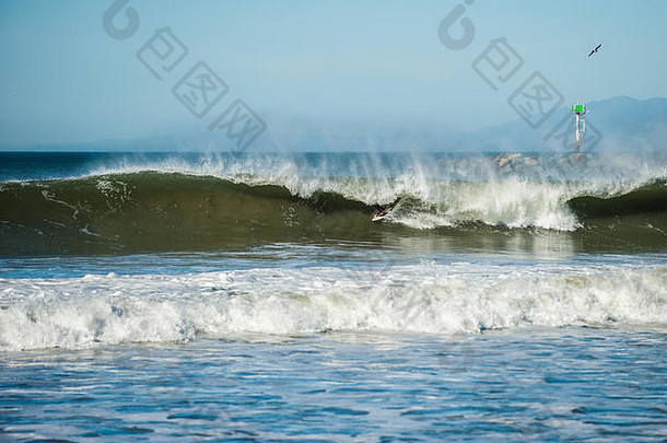 当离岸风产生巨大的空心管波覆盖他的冲浪板时，只有加利福尼亚冲浪者的无实体的脚<strong>才会</strong>出现。