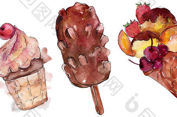 水彩画风格的美味冰淇淋。Aquarelle甜点插图套装。独立甜点背景元素。