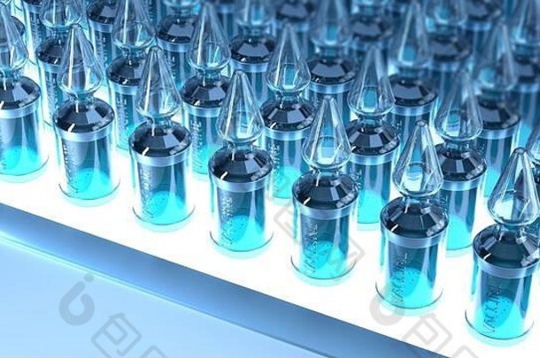 长排的疫苗玻璃瓶。无碑文，浅色背景上空白医学概念。3D渲染3D插图。