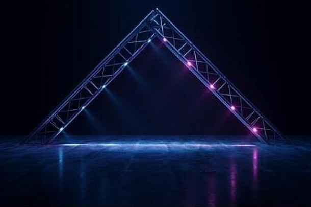 霓虹灯发光三角形紫蓝色金属结构混凝土隧道走廊大厅工作室网络宇宙飞船复古现代科幻未来主义激光3D Ren