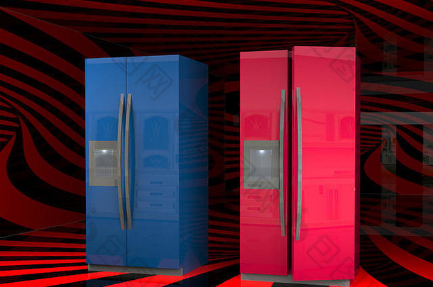 两个冰箱。抽象背景上的三维插图
