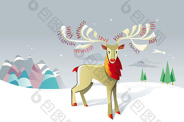 圣诞和新年明信片上有一只孤独的驯鹿，在冬天的雪景和星星上。